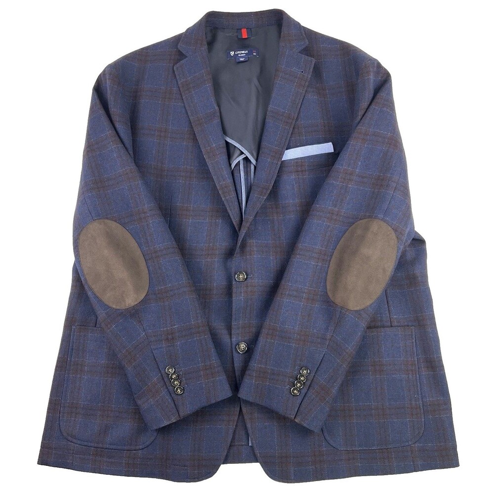 Cremieux Mens XXL Blue Windowpane Wool Unstructured Sport Coat Elbow Patches